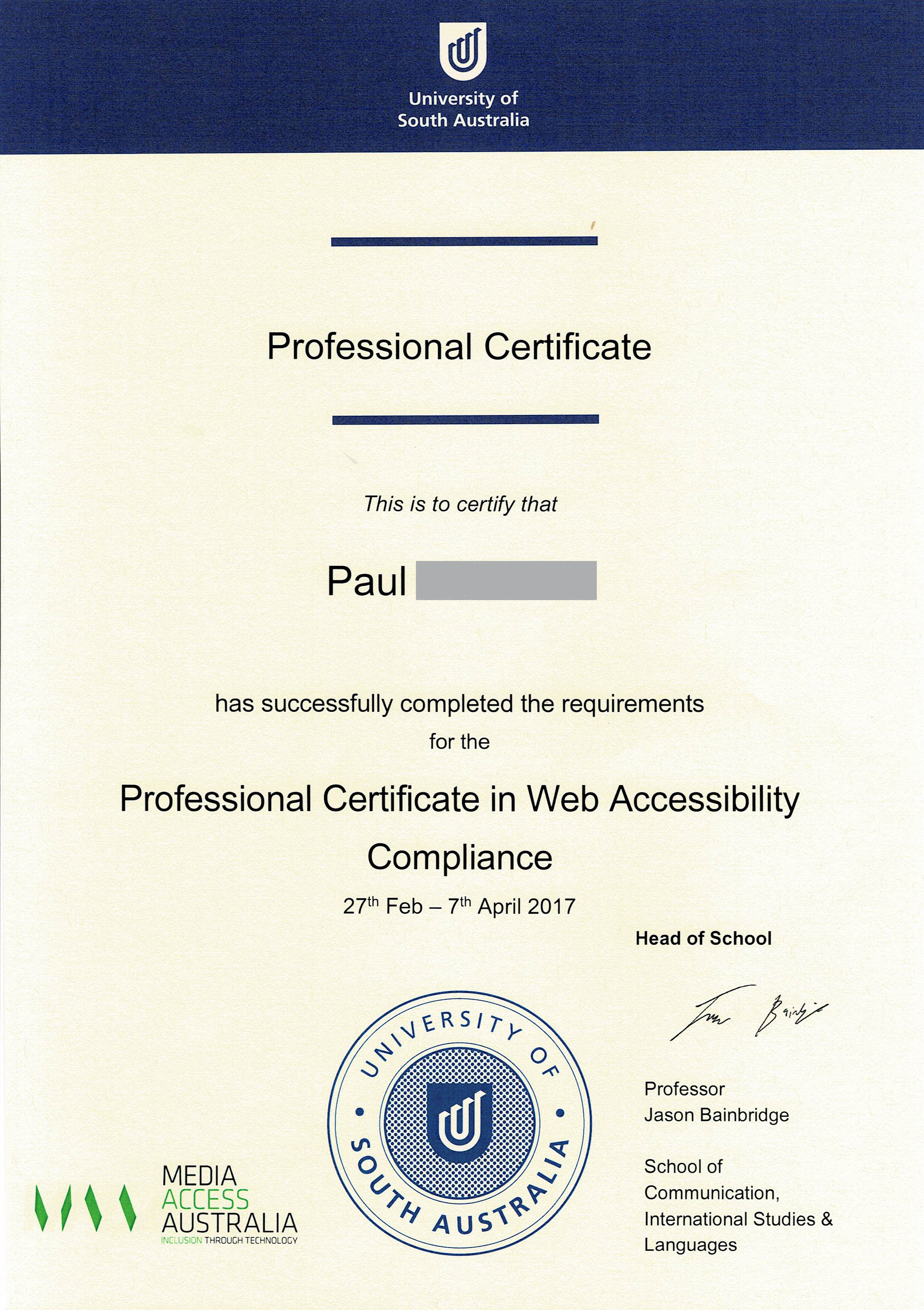 UniSA certificate