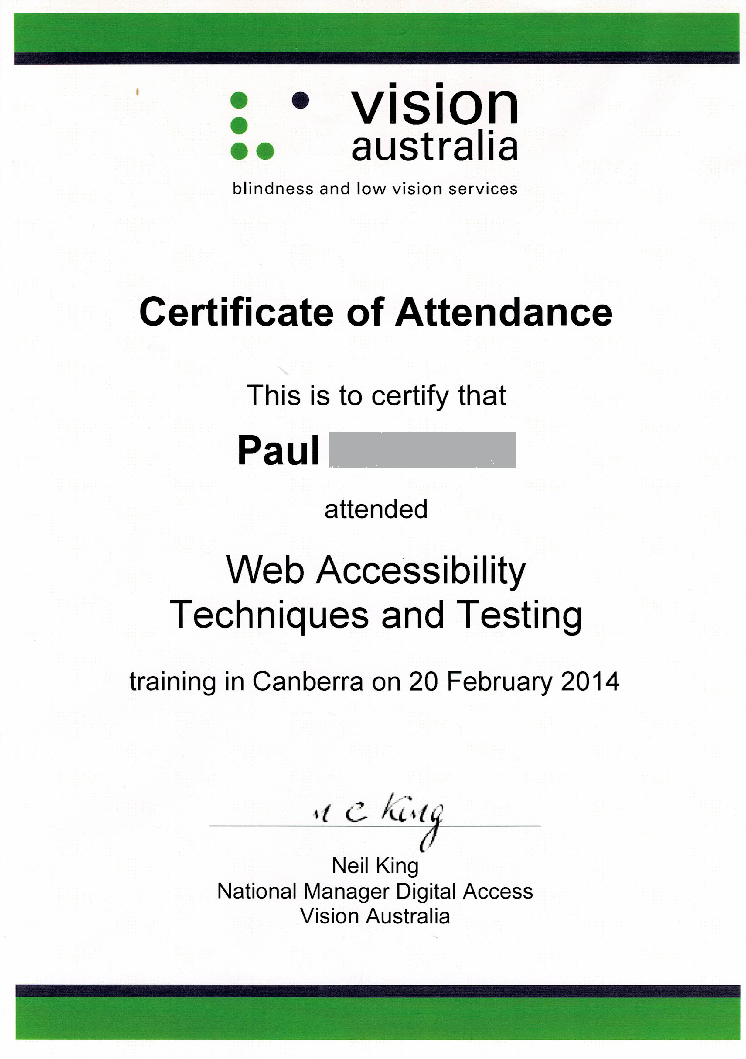 Vision Australia certificate