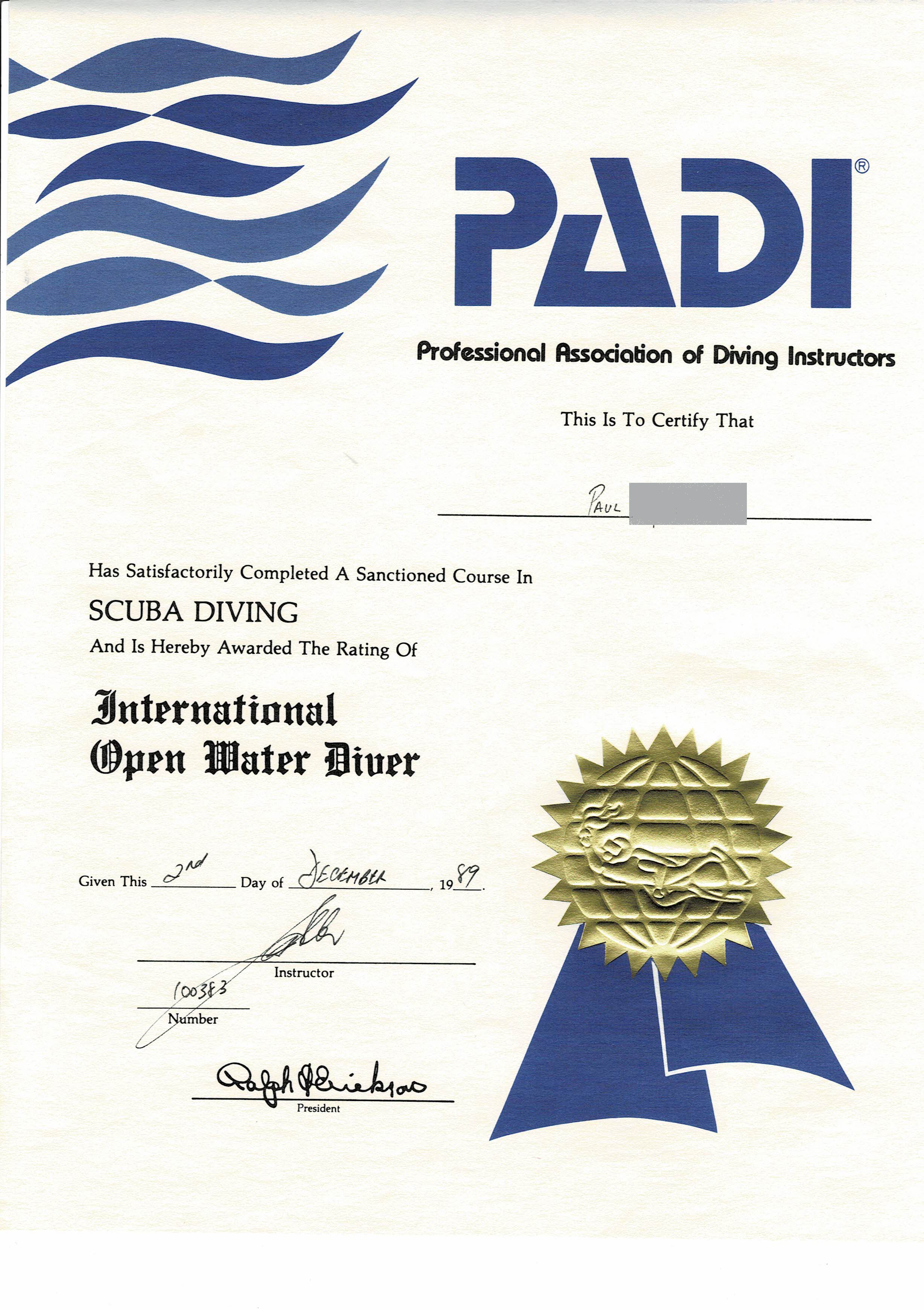 PADI certificate